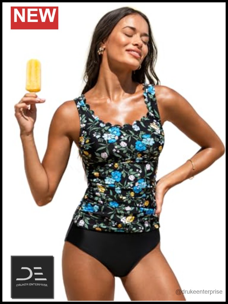 Tankini Set Scoop Neck Scallop Trim Removable Cups Adjustable Straps Ruching